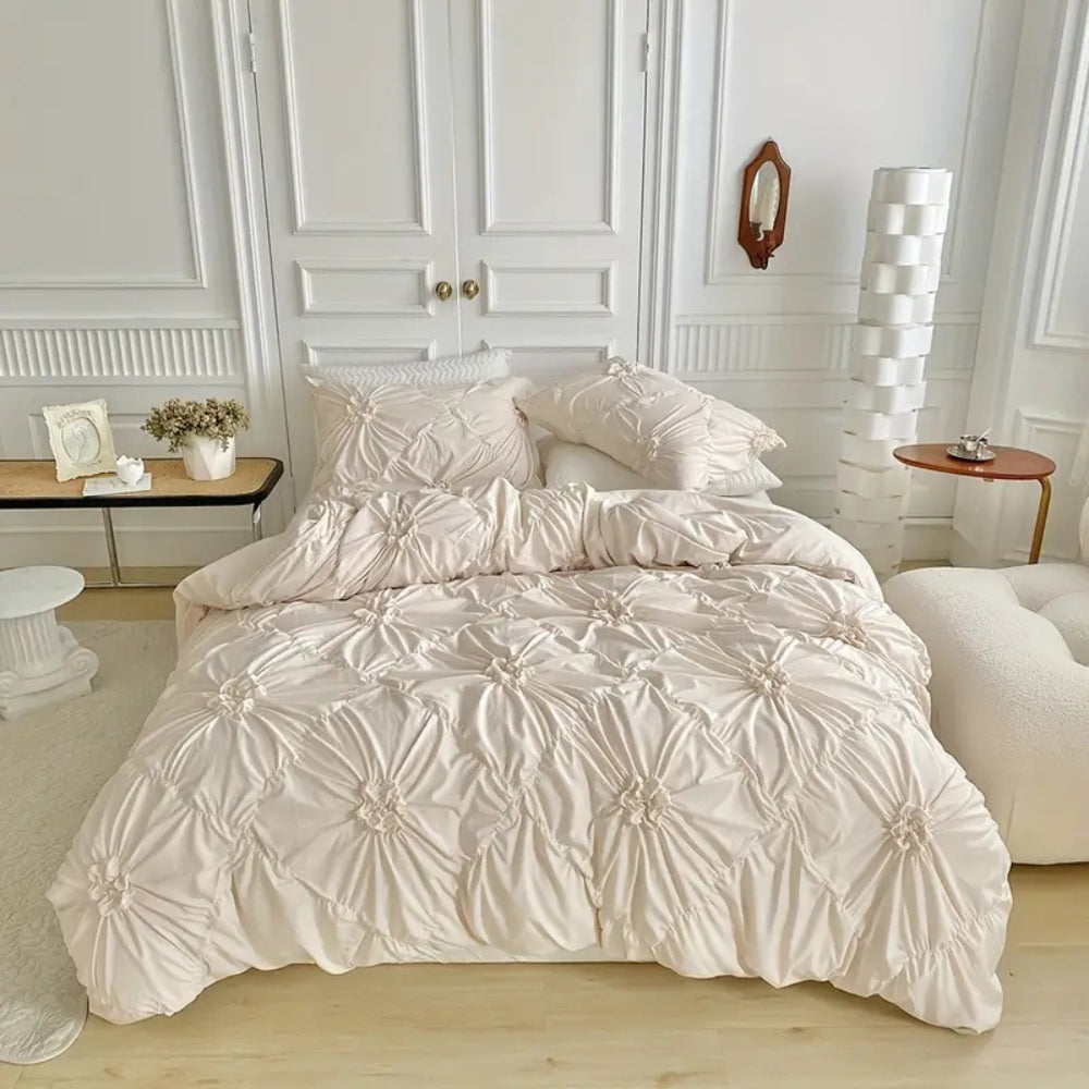 Ruffle Flower Quilt Cover Set — Pinch-Pleat Textured Bedding — Front view