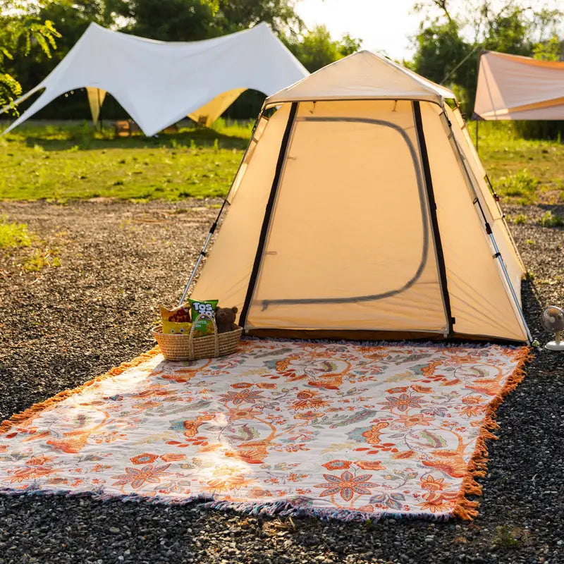 Rustic Floral Jacquard Blanket — Woven Orange & Blue Throw — Lifestyle 8