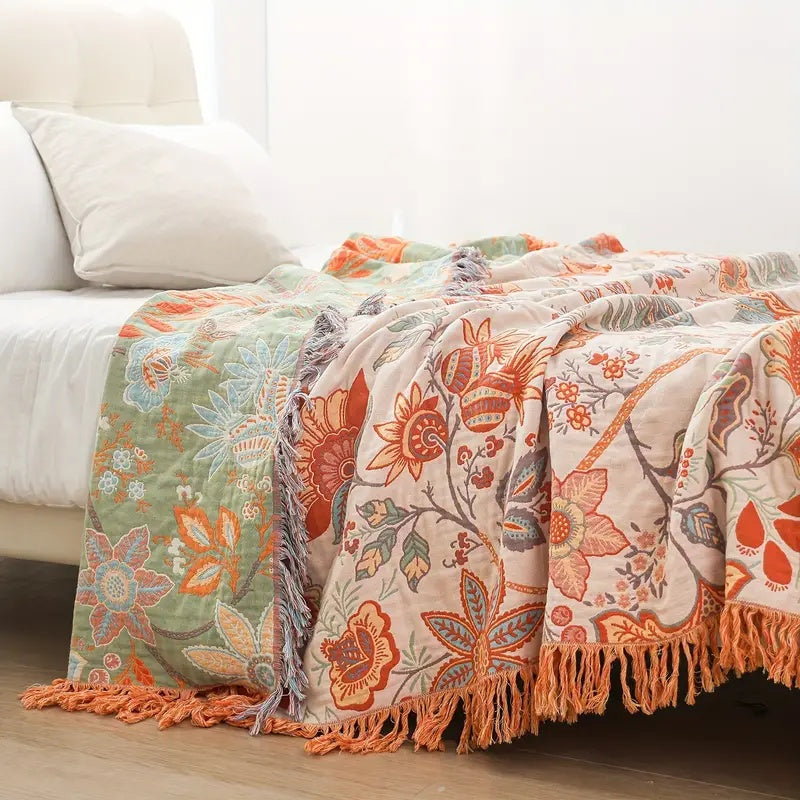 Rustic Floral Jacquard Blanket — Woven Orange & Blue Throw — Lifestyle 1