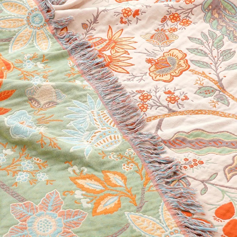 Rustic Floral Jacquard Blanket — Woven Orange & Blue Throw — Lifestyle 5