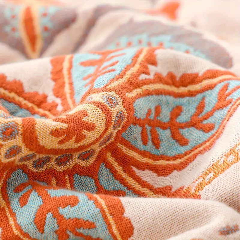 Rustic Floral Jacquard Blanket — Woven Orange & Blue Throw — Lifestyle 7
