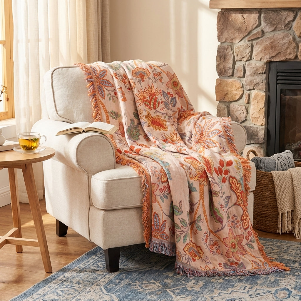 Rustic Floral Jacquard Blanket — Woven Orange & Blue Throw — Front view