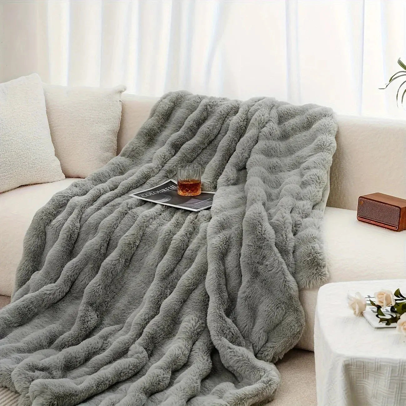 Luxurious Faux Rabbit Fleece Sleep Throw Blanket - Soft and Cozy - Available in Blue, Brown, Black, White - Multiple Sizes —