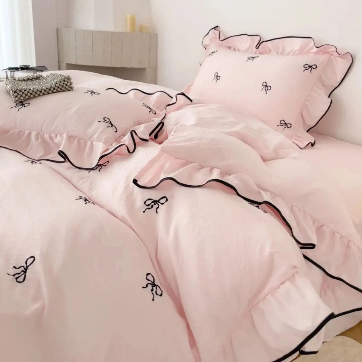 Ruffle Bow Duvet Cover Set for Queen and King Beds in White and Pink – 4 Piece Bedding Collection — Front view