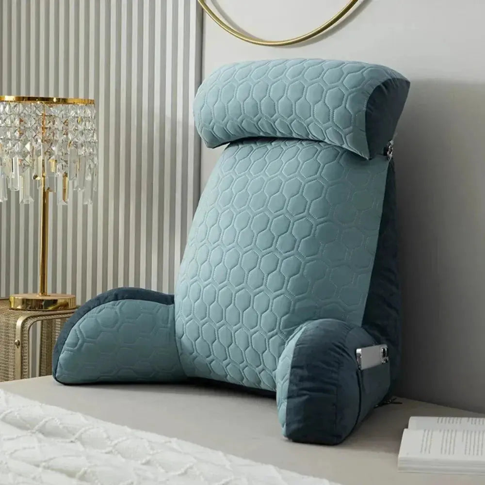 Cool Silk Reading Pillow with Convenient Pockets in Pink, Grey, Purple, and Blue for Relaxed Reading Comfort — Lifestyle 9