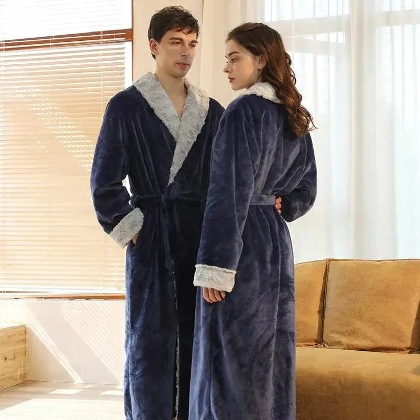 Couple's Flannel Fleece Bathrobes in Navy Blue, Black, Gray, Brown - Women's and Men's Sizes Available — Lifestyle 11