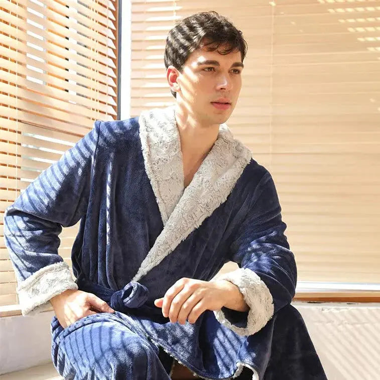 Couple's Flannel Fleece Bathrobes in Navy Blue, Black, Gray, Brown - Women's and Men's Sizes Available — Lifestyle 8