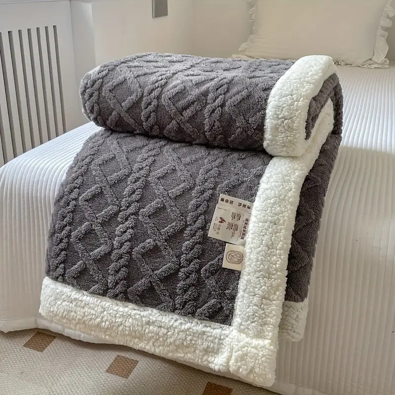 Reversible Sherpa Fleece Throw Blanket — Cable-Knit Texture — Front view