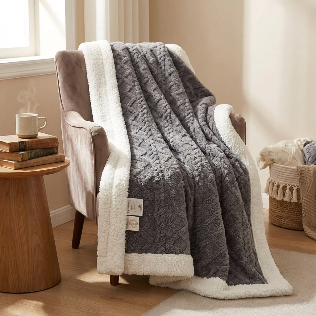 Reversible Sherpa Fleece Throw Blanket — Cable-Knit Texture — Detail