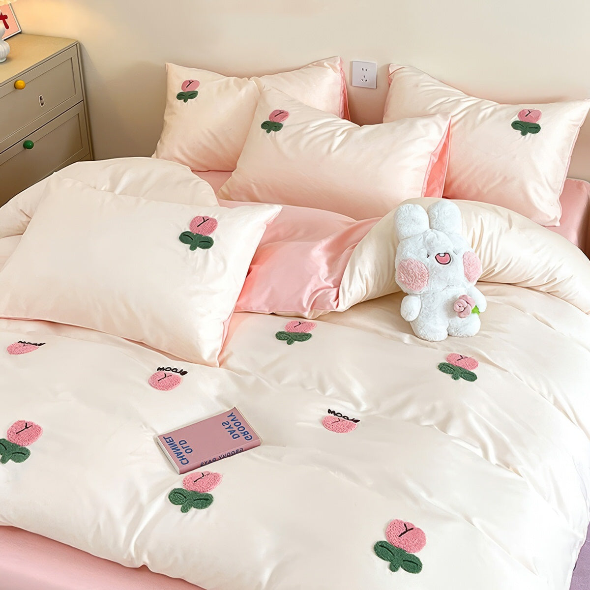 Tulip Flower Embroidered Bedding Set — Soft-Touch Cotton Duvet & Pillowcases — Lifestyle 1