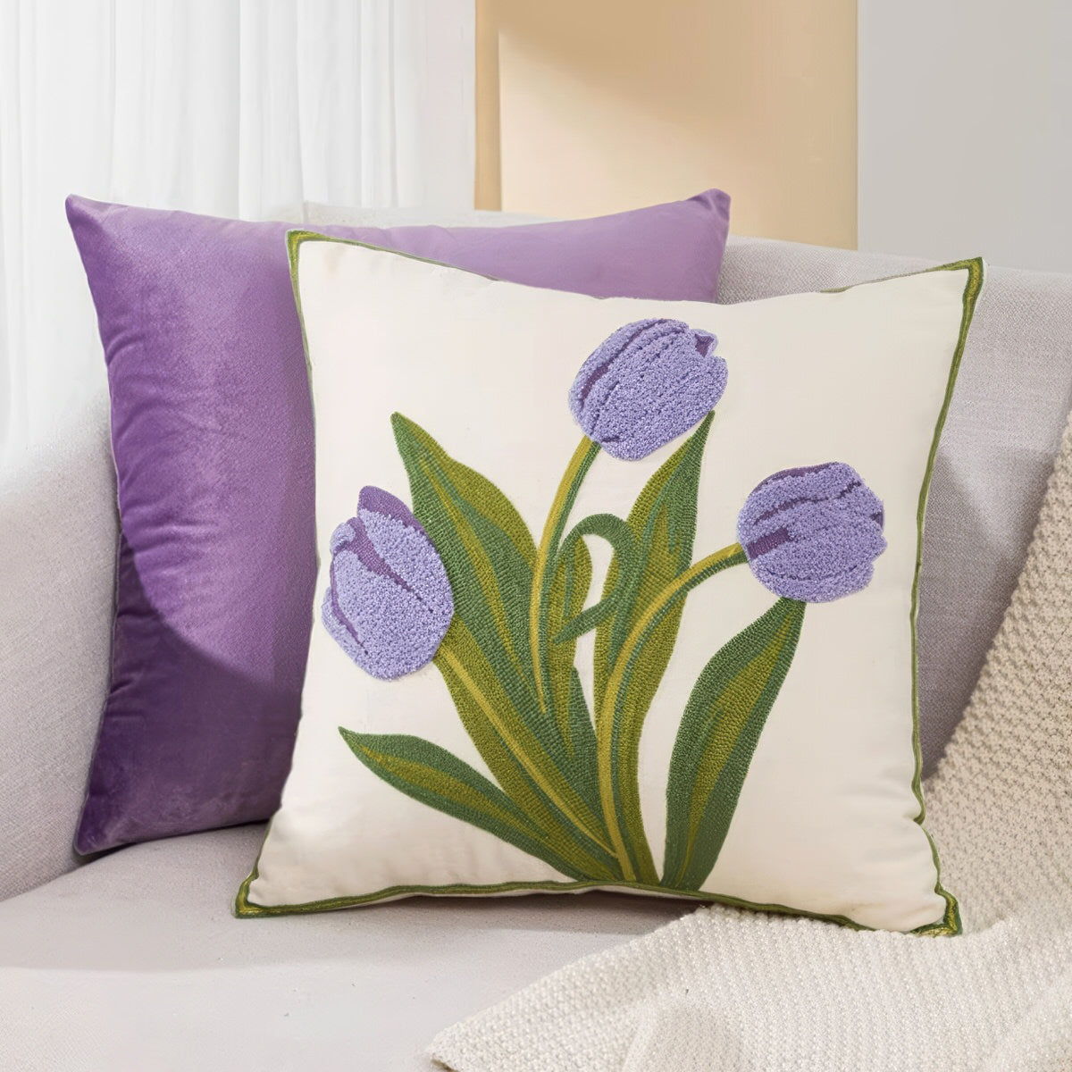 Tulip Garden Cushion Cover — Embroidered Cotton Cover for Layered Decor — Lifestyle 3