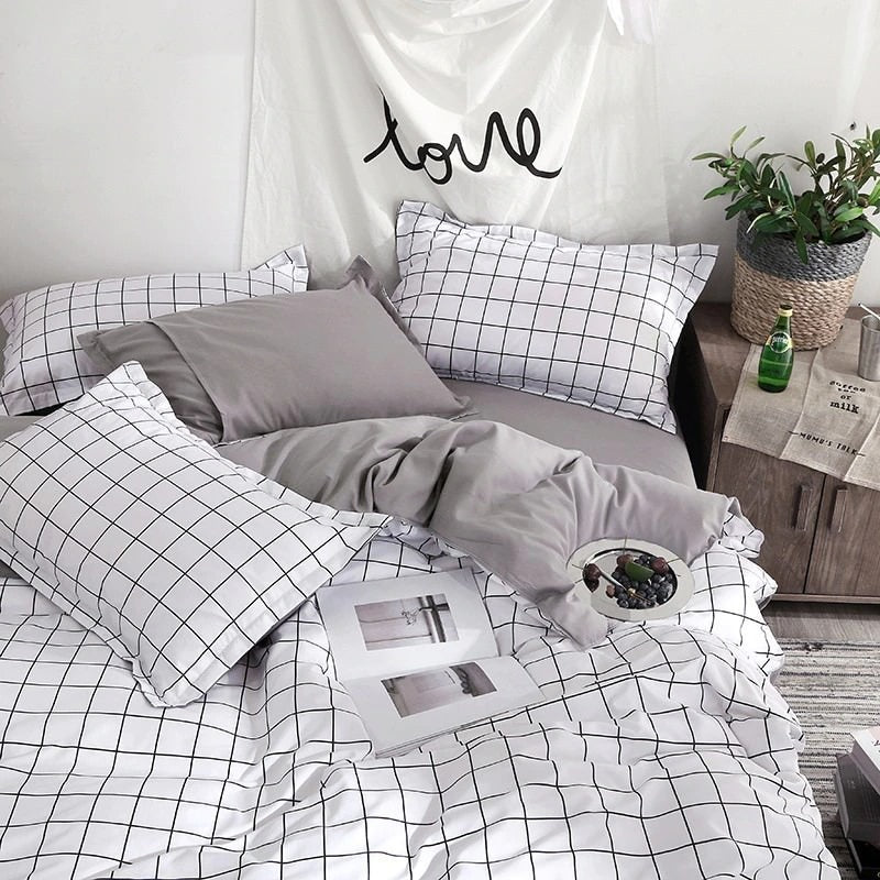 Plain Grid Bedding Set — Soft-Touch Cotton Duvet & Pillowcases — Lifestyle 1