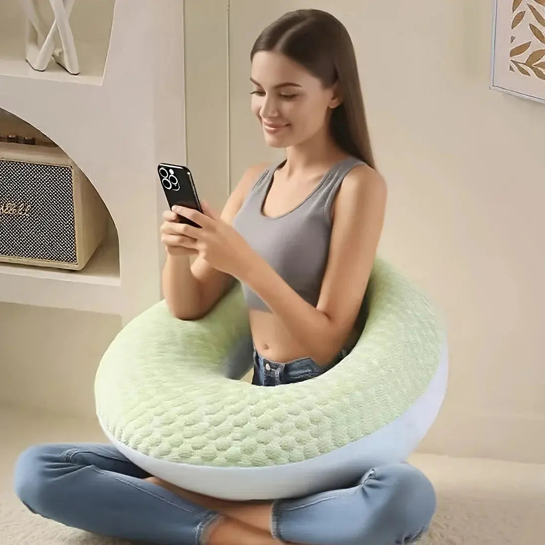 Compact Arm Support Pillow for Comfortable Reading, Crocheting, and Playing - Available in Green, Grey, Pink — Lifestyle 2
