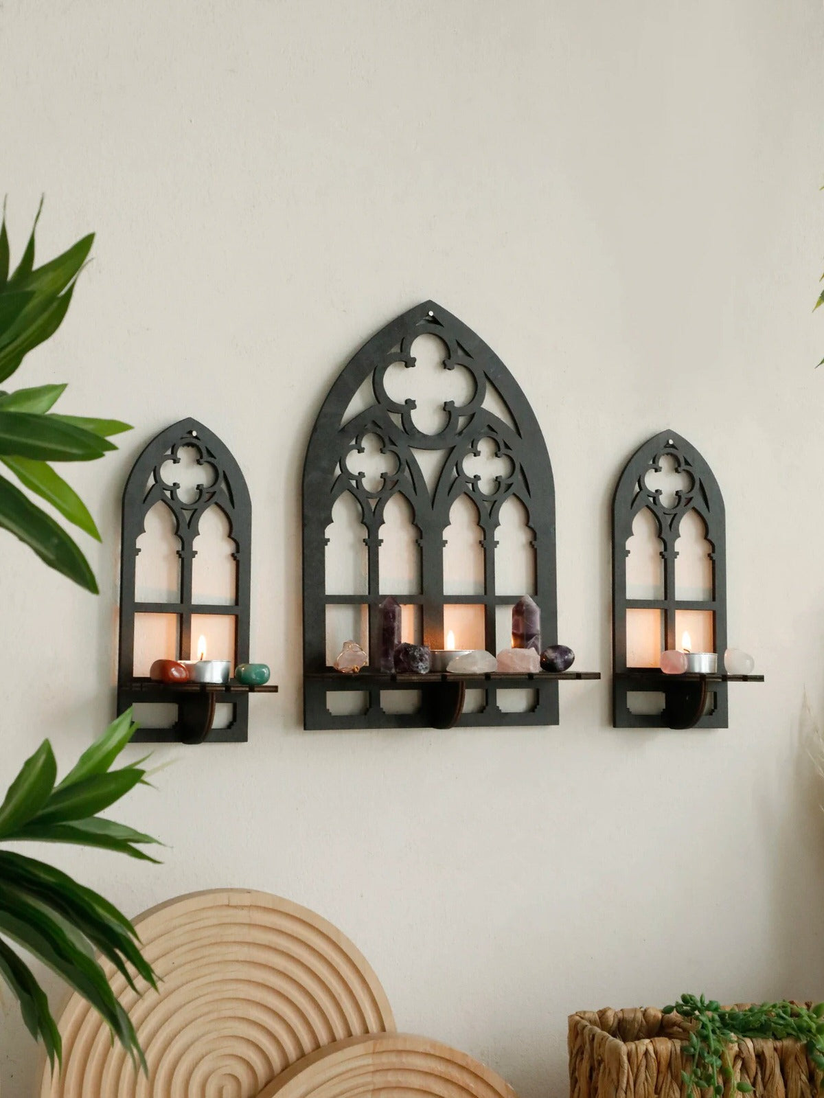 Arch Wooden Wall Shelf Set — Matte Black Trio for Layered Display — Front view