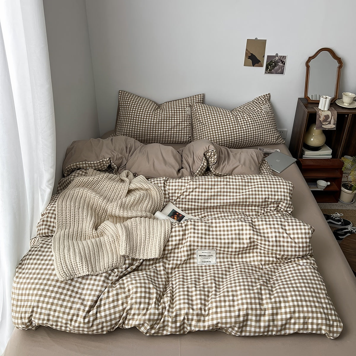 Light Brown Gingham Bedding Set — Soft-Touch Cotton Duvet & Pillowcases — Lifestyle 1