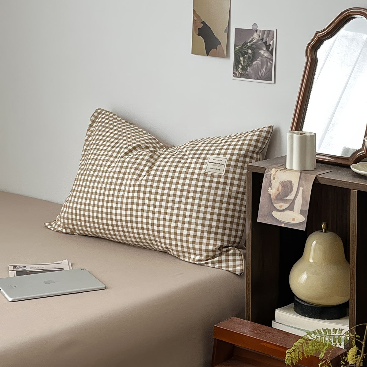 Light Brown Gingham Bedding Set — Cotton Duvet & Pillowcases — Lifestyle 7
