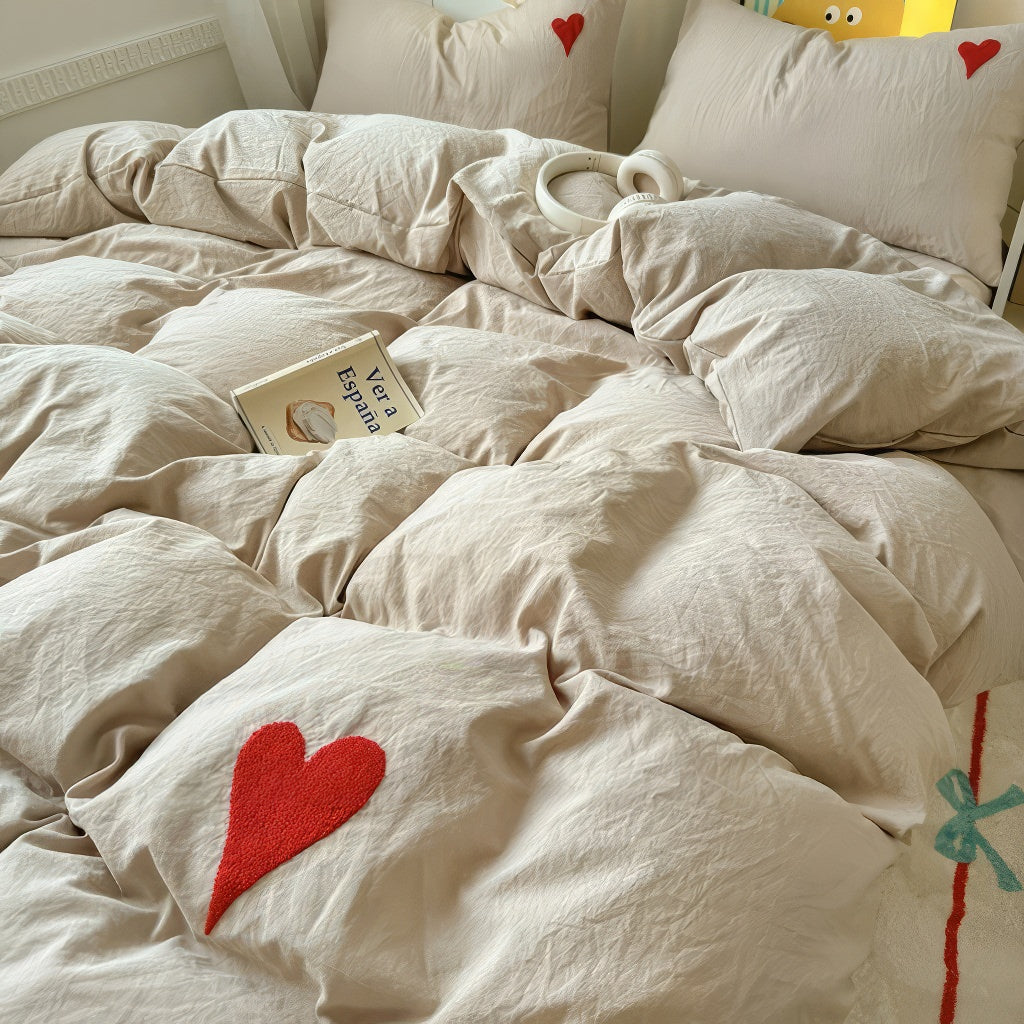 Beige Washed Cotton Bedding Set With Red Embroidered Heart — Lifestyle 2