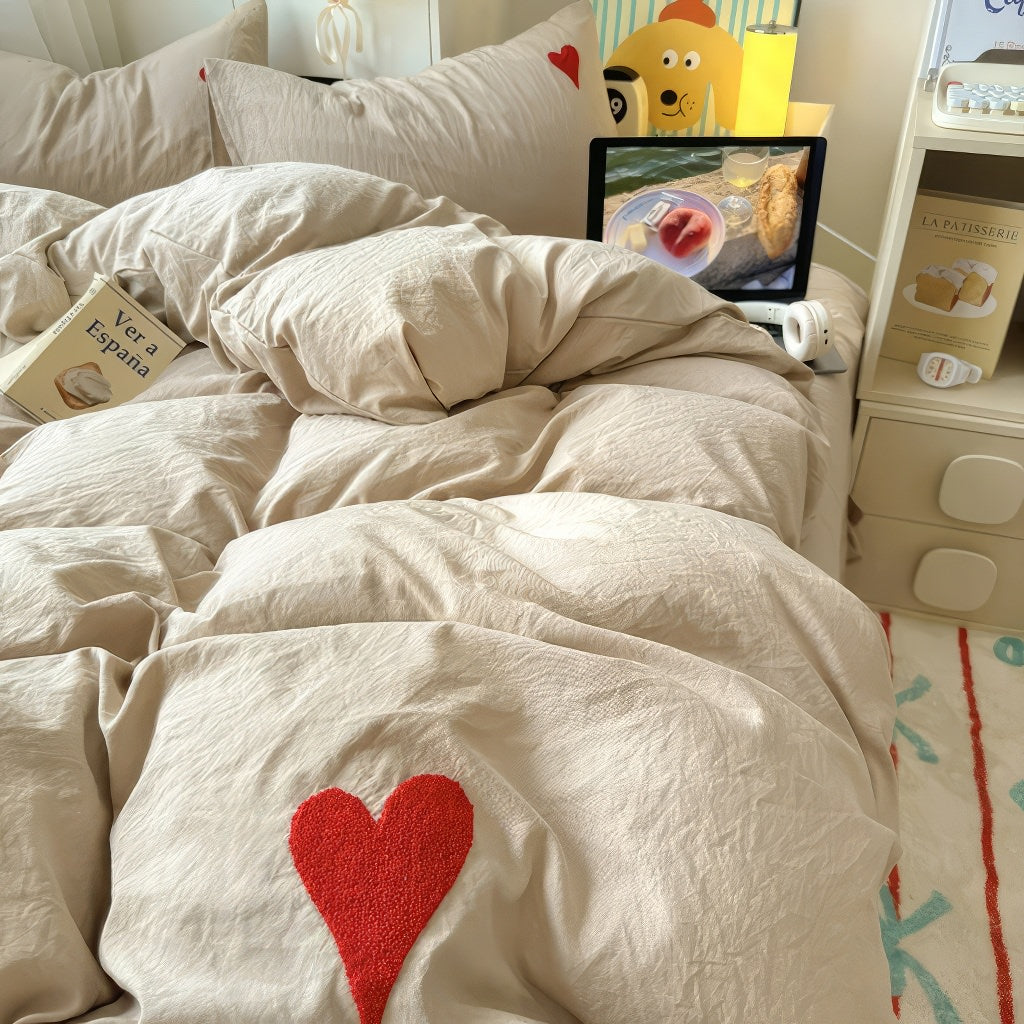 Beige Washed Cotton Bedding Set With Red Embroidered Heart — Front view