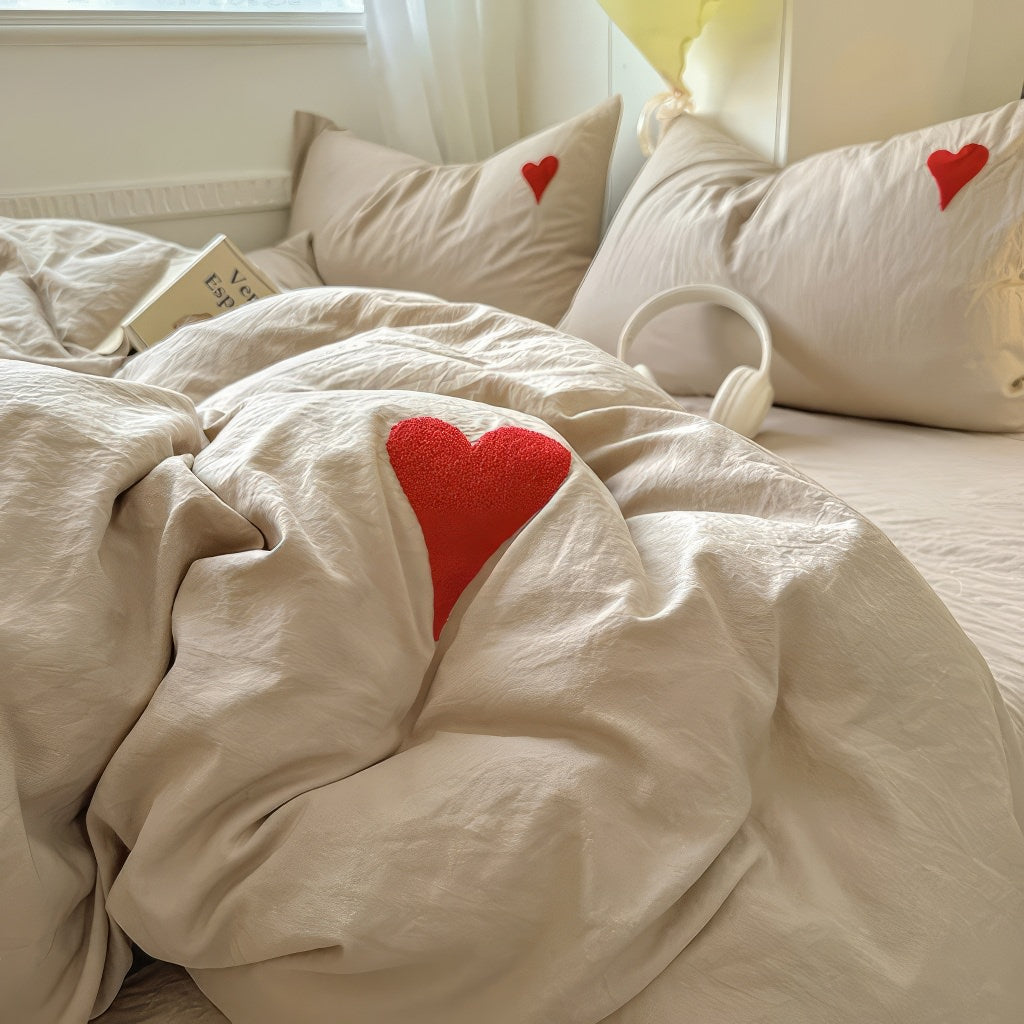 Beige Washed Cotton Bedding Set With Red Embroidered Heart — Lifestyle 3