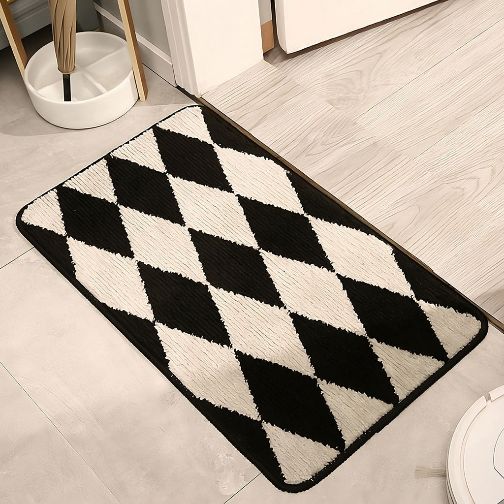 B&W Argyle Print Accent Rug — Soft Accent Rug for Bedroom Layering — Lifestyle 3