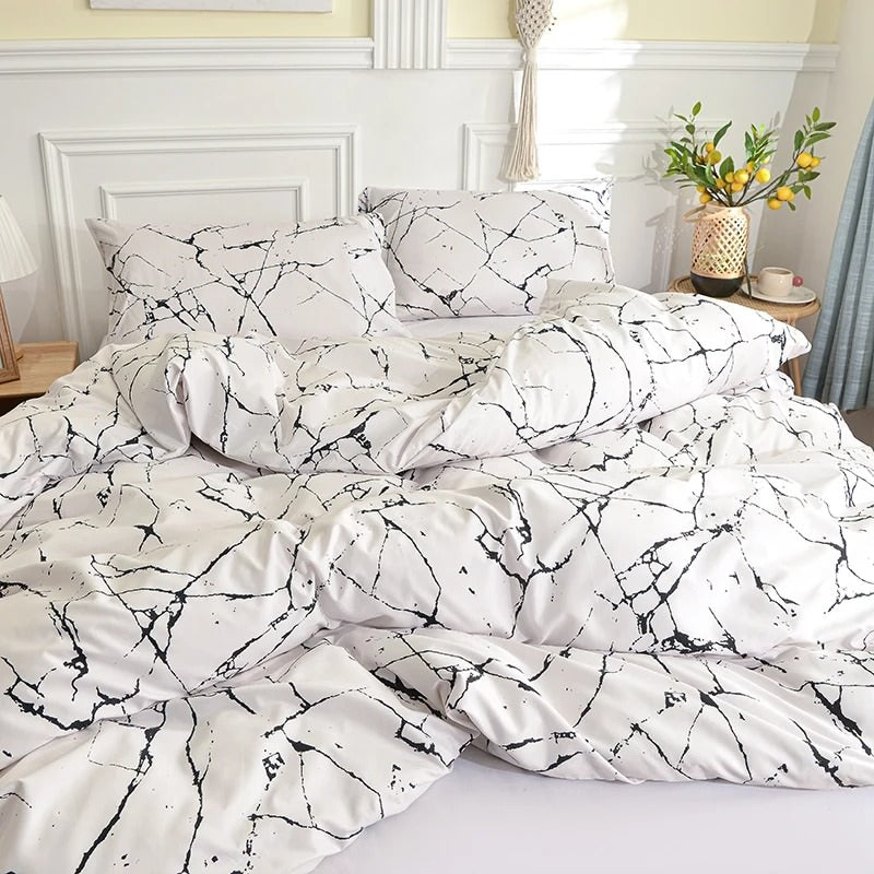 White Stone with Black Veins Bedding Set — Soft-Touch Cotton Duvet & Pillowcases — Front view