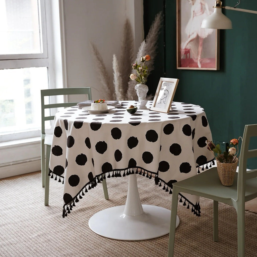 B&W Polka Dot Tablecloth — Considered Home Styling — Front view