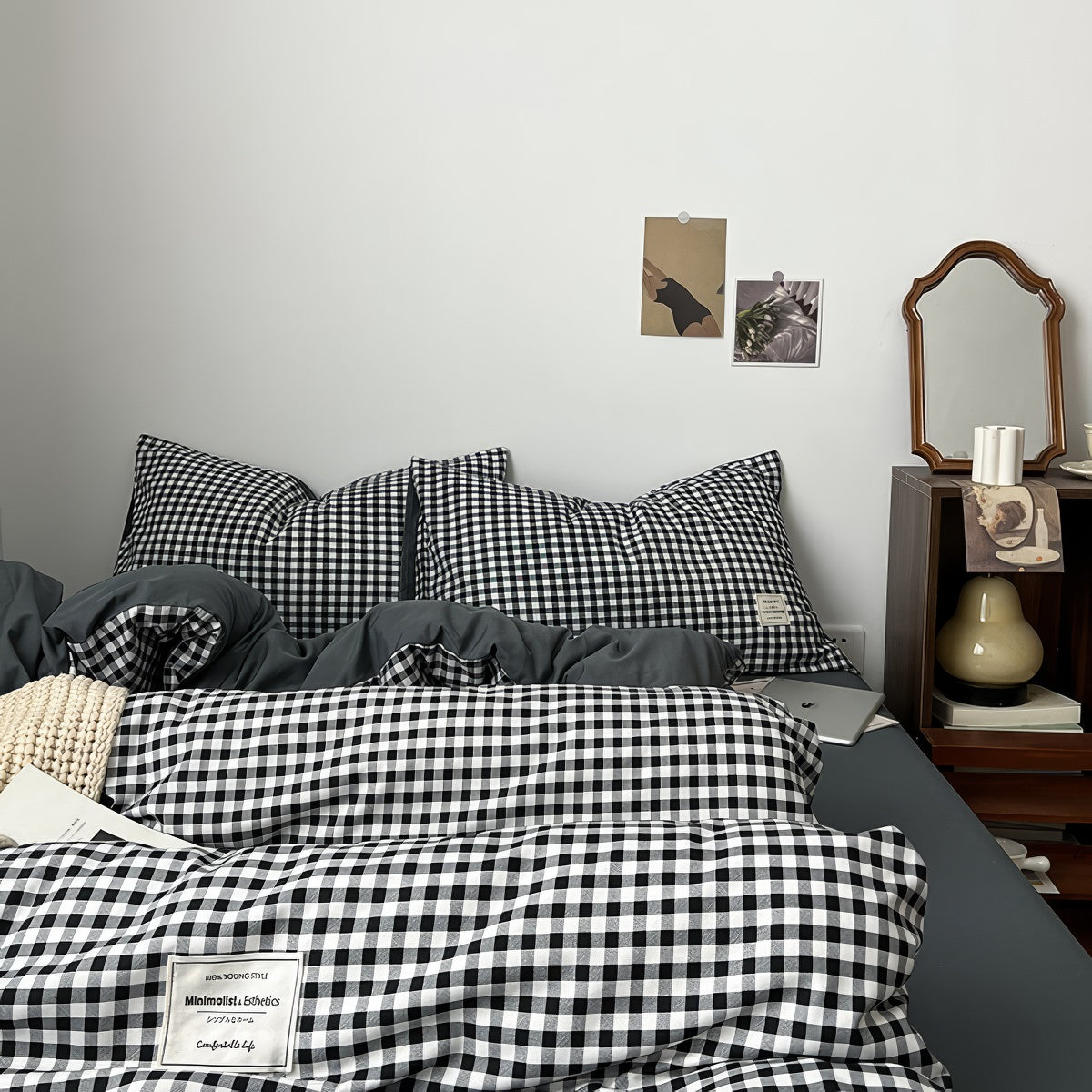 Black Gingham Bedding Set — Cotton Duvet & Pillowcases — Front view