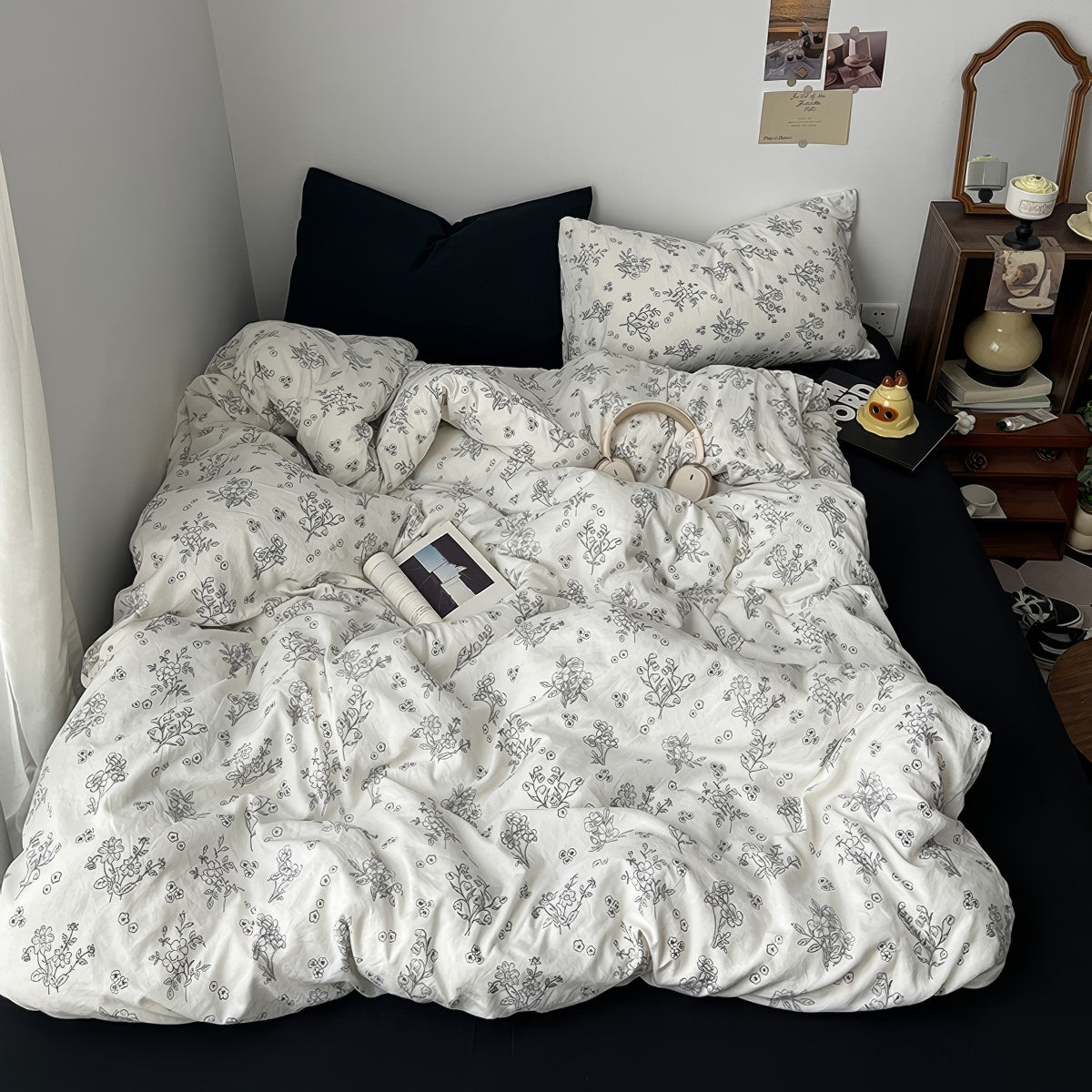 Black Outline Flowers Bedding Set — Soft-Touch Cotton Duvet & Pillowcases — Front view