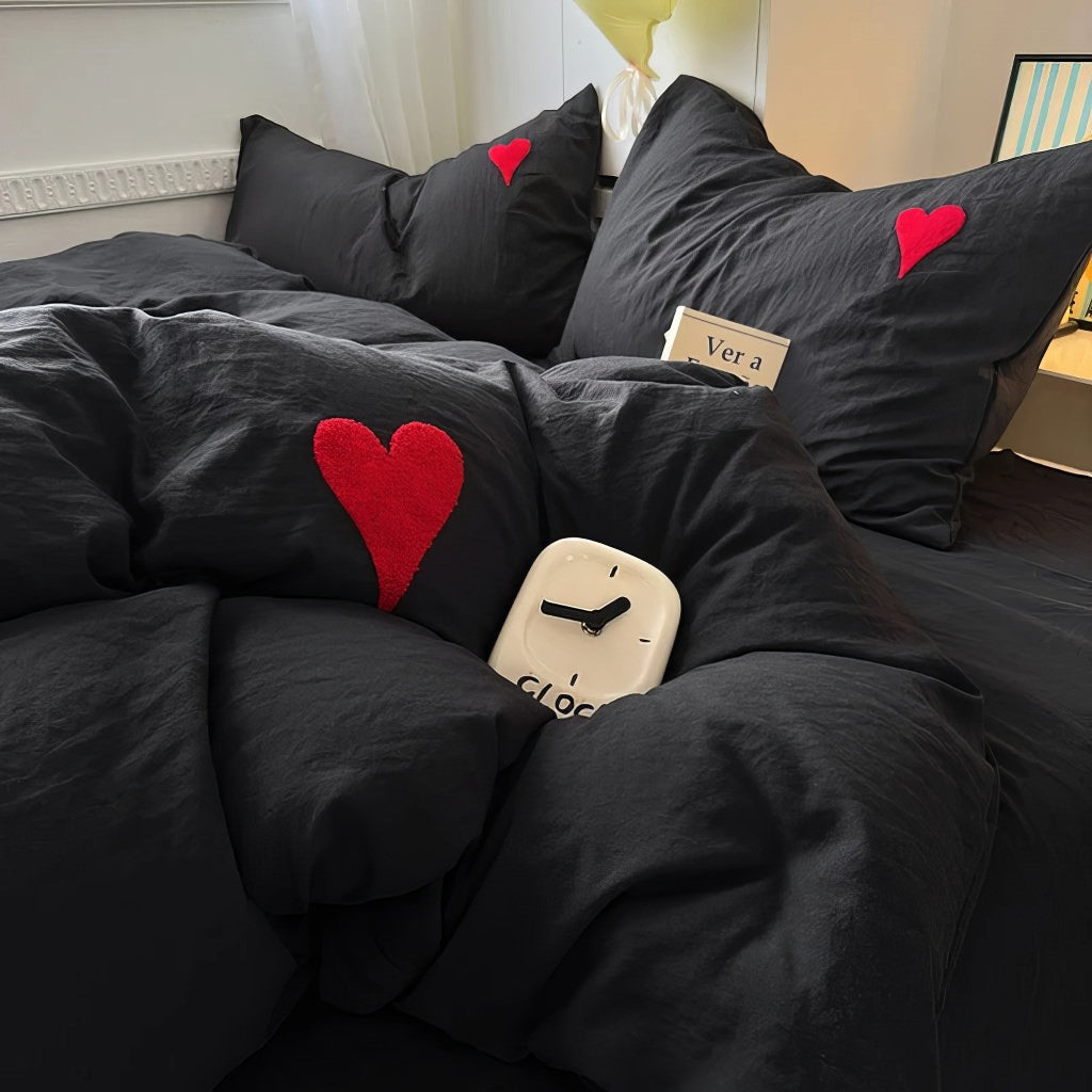 Black Washed Cotton Bedding Set With Red Embroidered Heart — Lifestyle 3