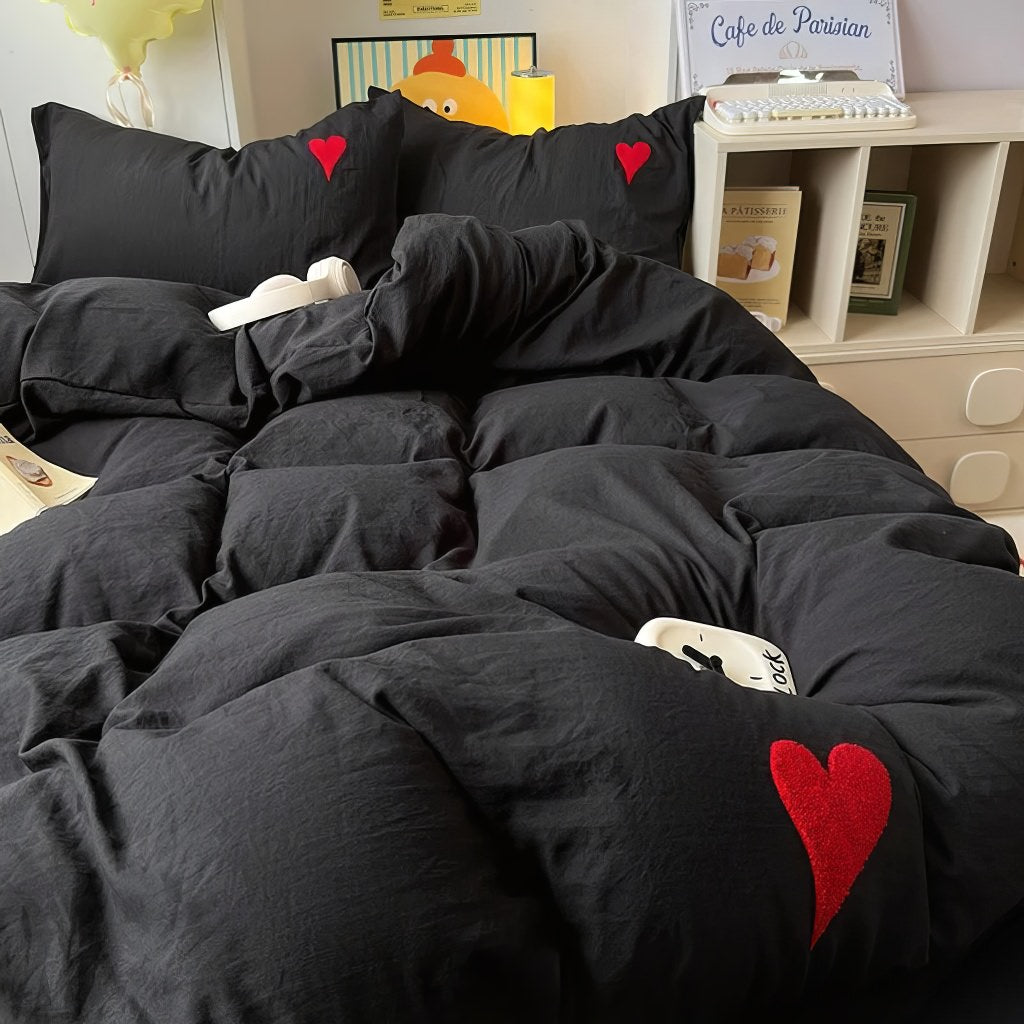 Black Washed Cotton Bedding Set With Red Embroidered Heart — Front view