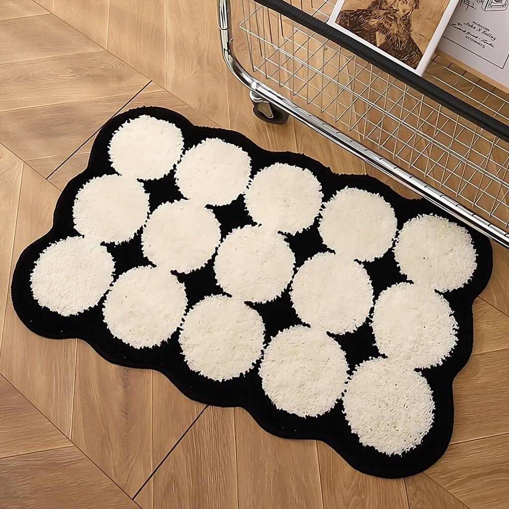 Black & White Circles Tufted Rug — Soft Accent Rug for Bedroom Layering — Lifestyle 1