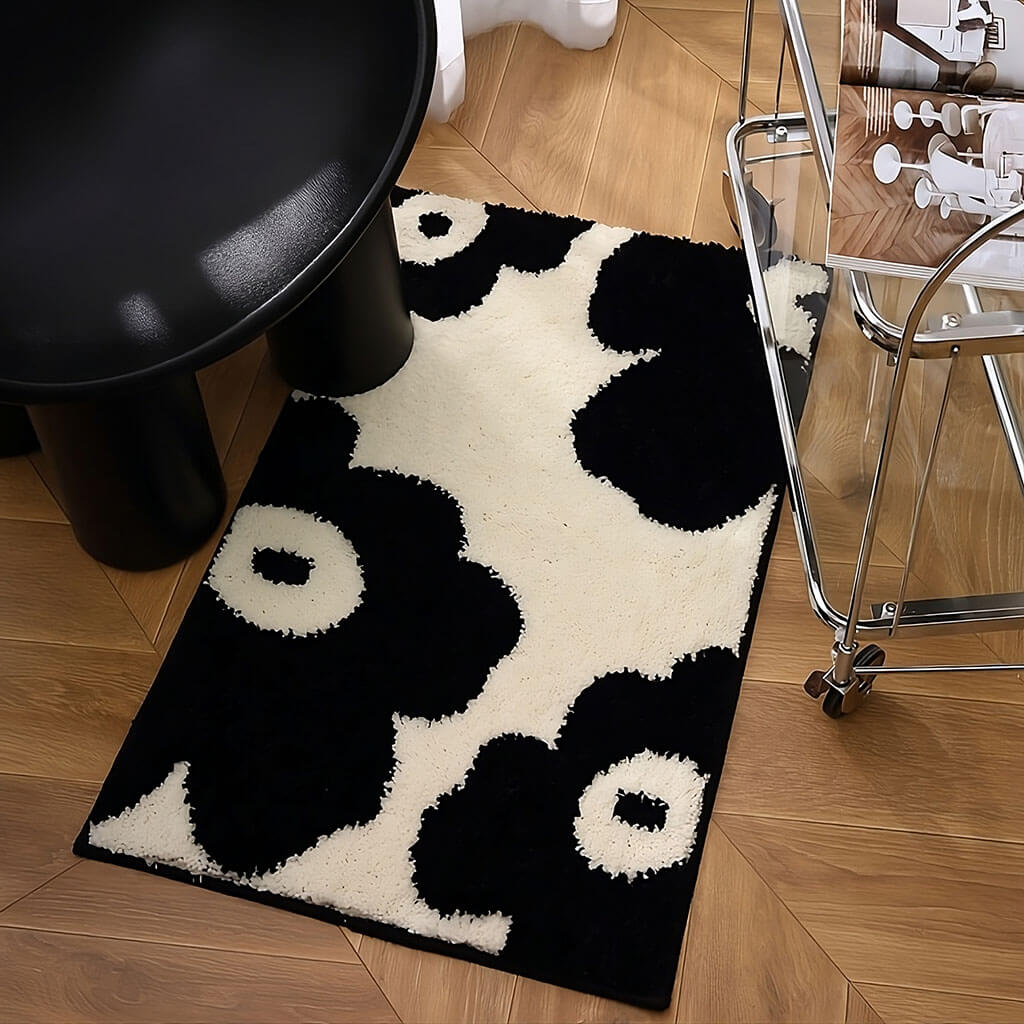 Black & White Flowers Tufted Rug — Soft Accent Rug for Bedroom Layering — Lifestyle 2