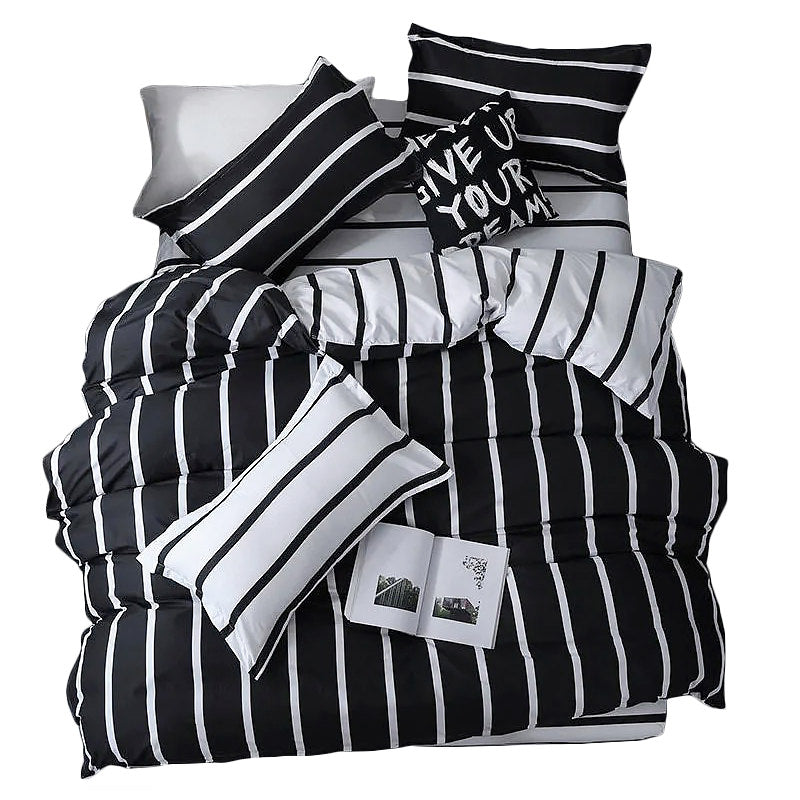 Black & White Striped Bedding Set — Soft-Touch Cotton Duvet & Pillowcases — Front view