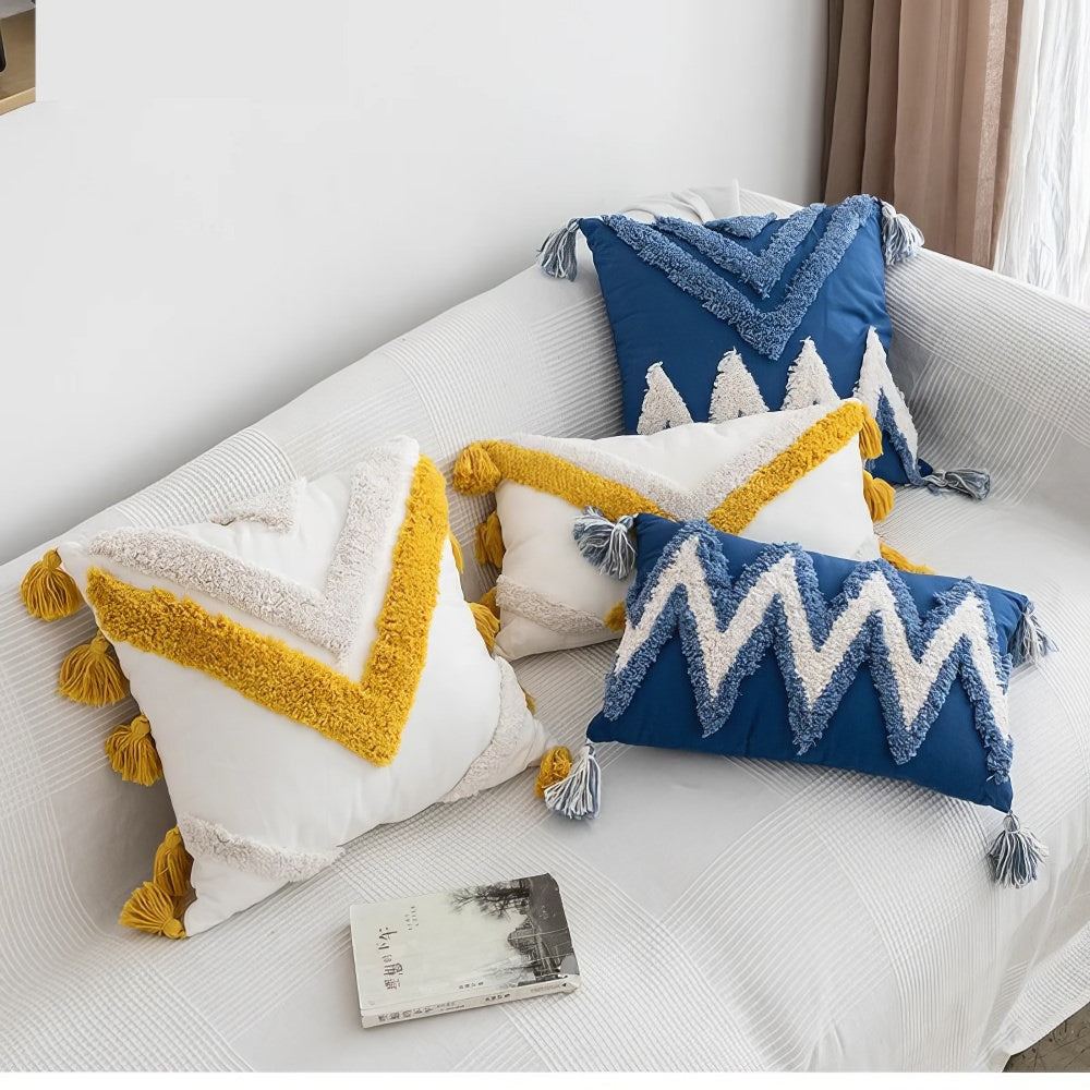 Blue & Yellow Tufted Cushion Cover — Hand-Tufted Two-Tone Texture for Bright Bedroom Layering — Lifestyle 3