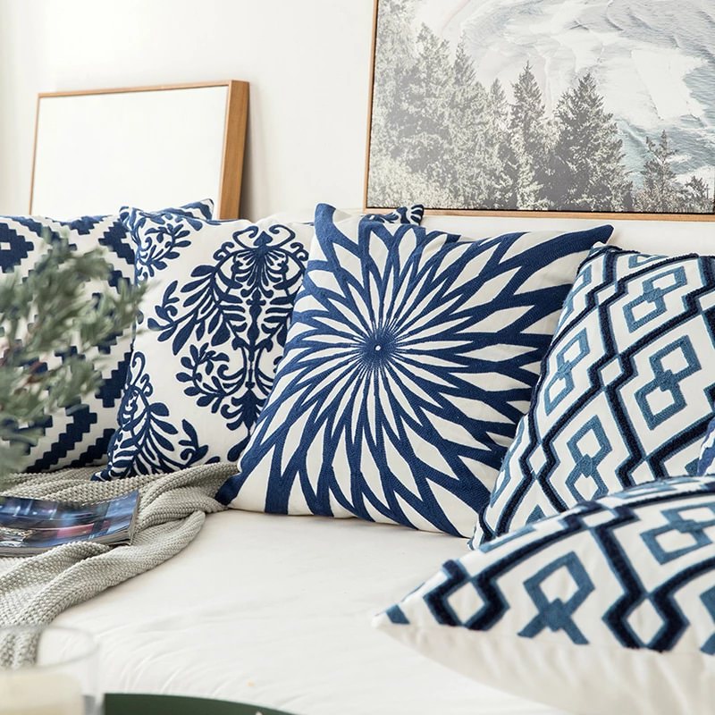 Blue Embroidered Ornaments Cushion Cover — Soft Textured Pillow for Bedroom Layering — Front view