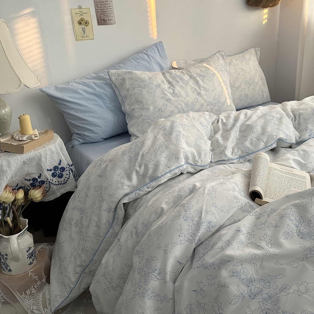 Blue Floral Line Art Bedding Duvet Cover Set — Front view