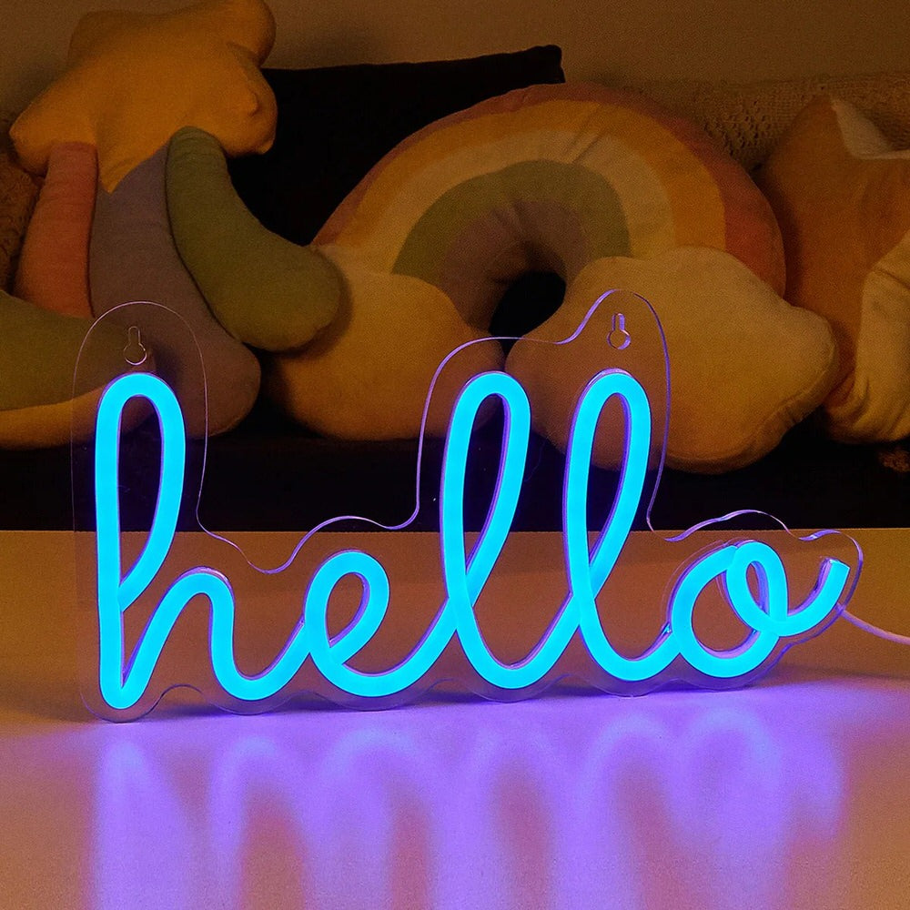 Blue Hello LED Neon Sign — Warm LED Mood Lighting for Bedside — Detail
