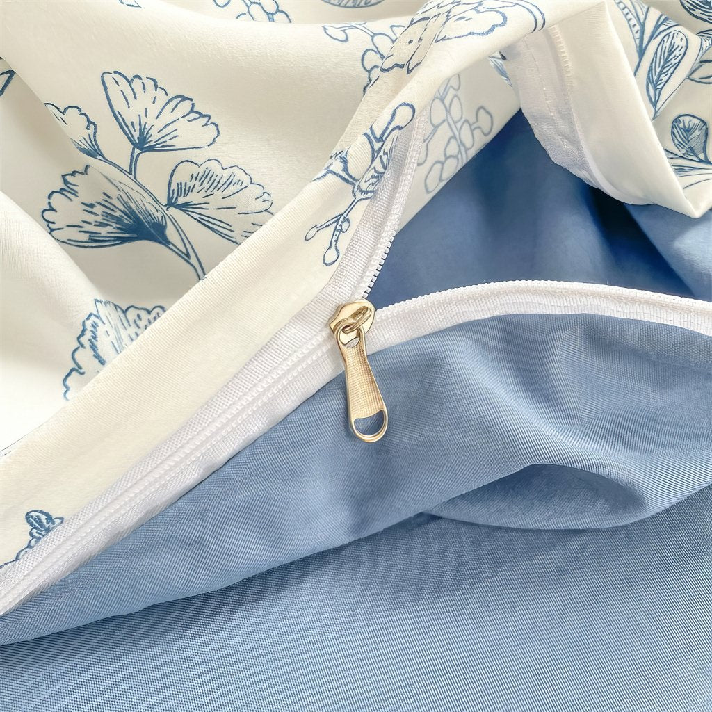 Monochrome Blue Wildflowers Print Bedding Set — Soft-Touch Cotton Duvet & Pillowcases — Lifestyle 4