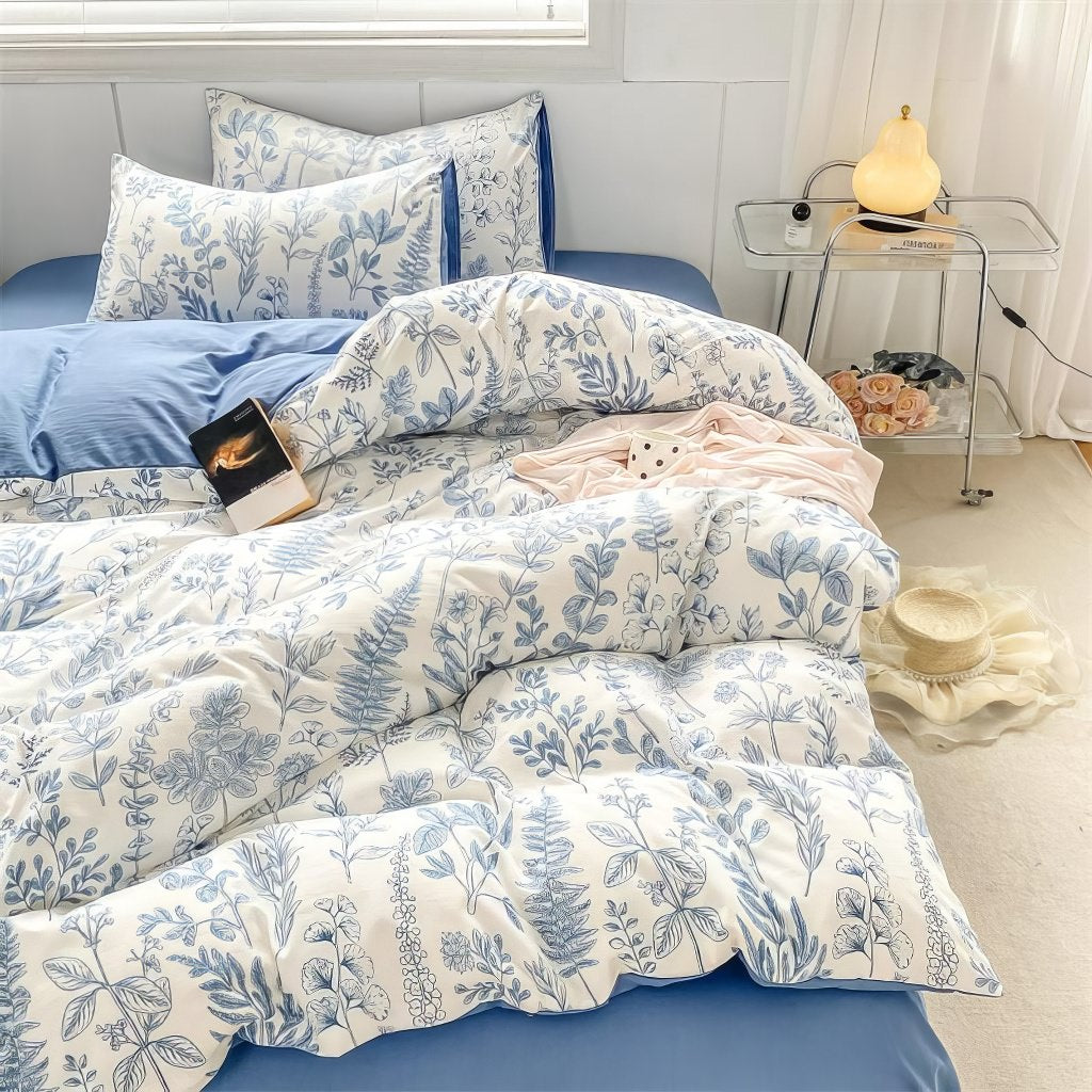 Monochrome Blue Wildflowers Print Bedding Set — Soft-Touch Cotton Duvet & Pillowcases — Detail