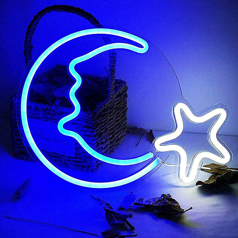 Blue Moon and Star Wall Neon Sign — Warm LED Mood Lighting for Bedside — Front view