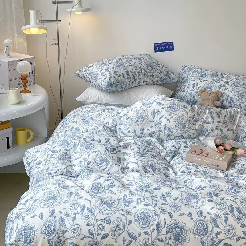 Blue Flowers Pattern Print Bedding Set — Soft-Touch Cotton Duvet & Pillowcases — Front view