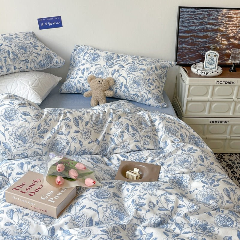 Blue Flowers Pattern Print Bedding Set — Soft-Touch Cotton Duvet & Pillowcases — Lifestyle 2