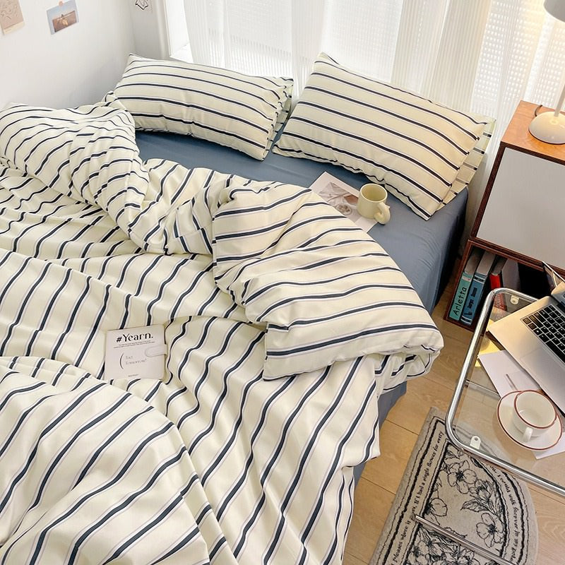 Blue Striped Minimalist Bedding Set — Soft-Touch Cotton Duvet & Pillowcases — Lifestyle 4