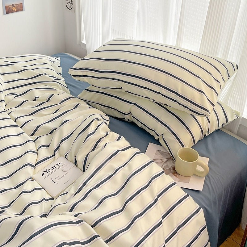 Blue Striped Minimalist Bedding Set — Soft-Touch Cotton Duvet & Pillowcases — Lifestyle 3