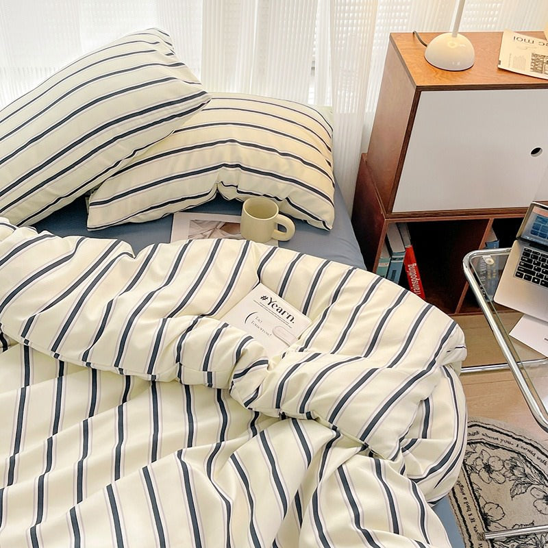 Blue Striped Minimalist Bedding Set — Soft-Touch Cotton Duvet & Pillowcases — Lifestyle 5