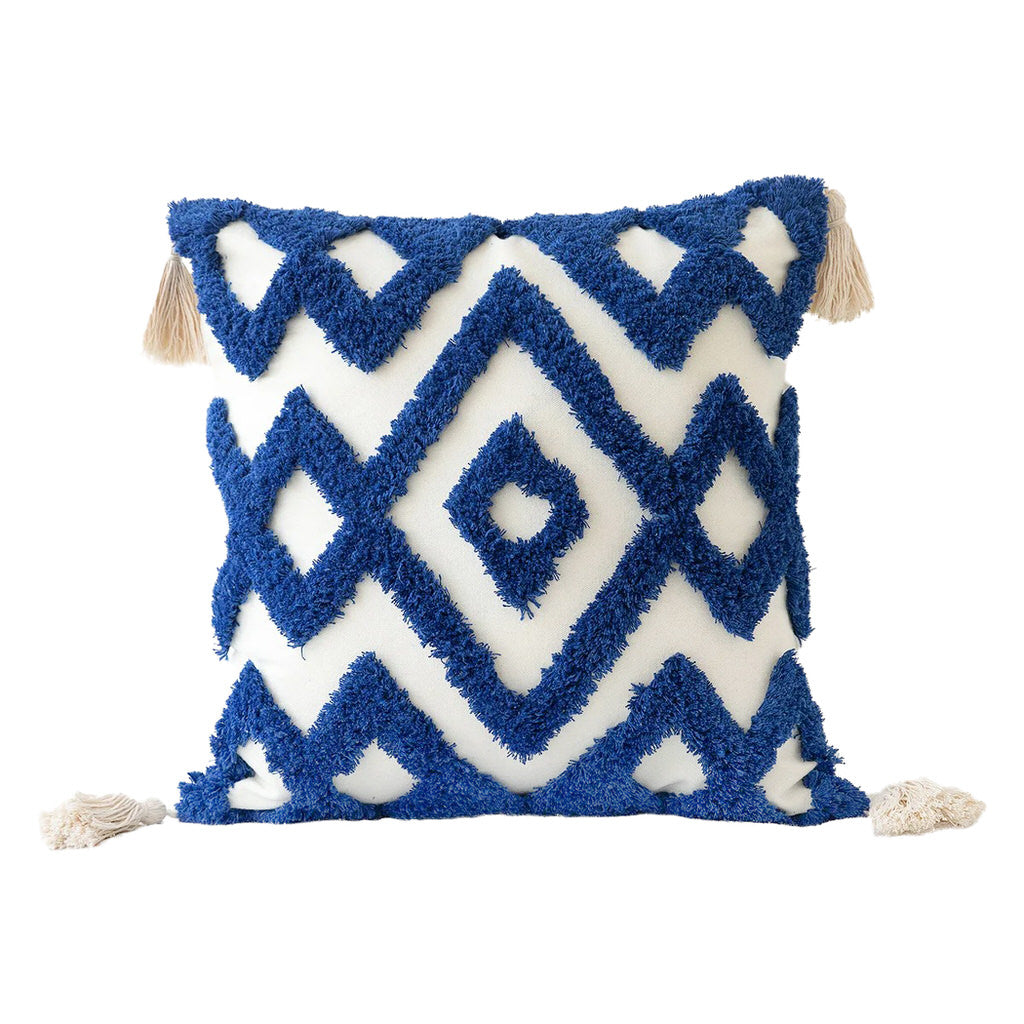 Blue Tufted Ornament Cushion Cover — Sculptural Pile for Quiet Bedroom Layers — Front view