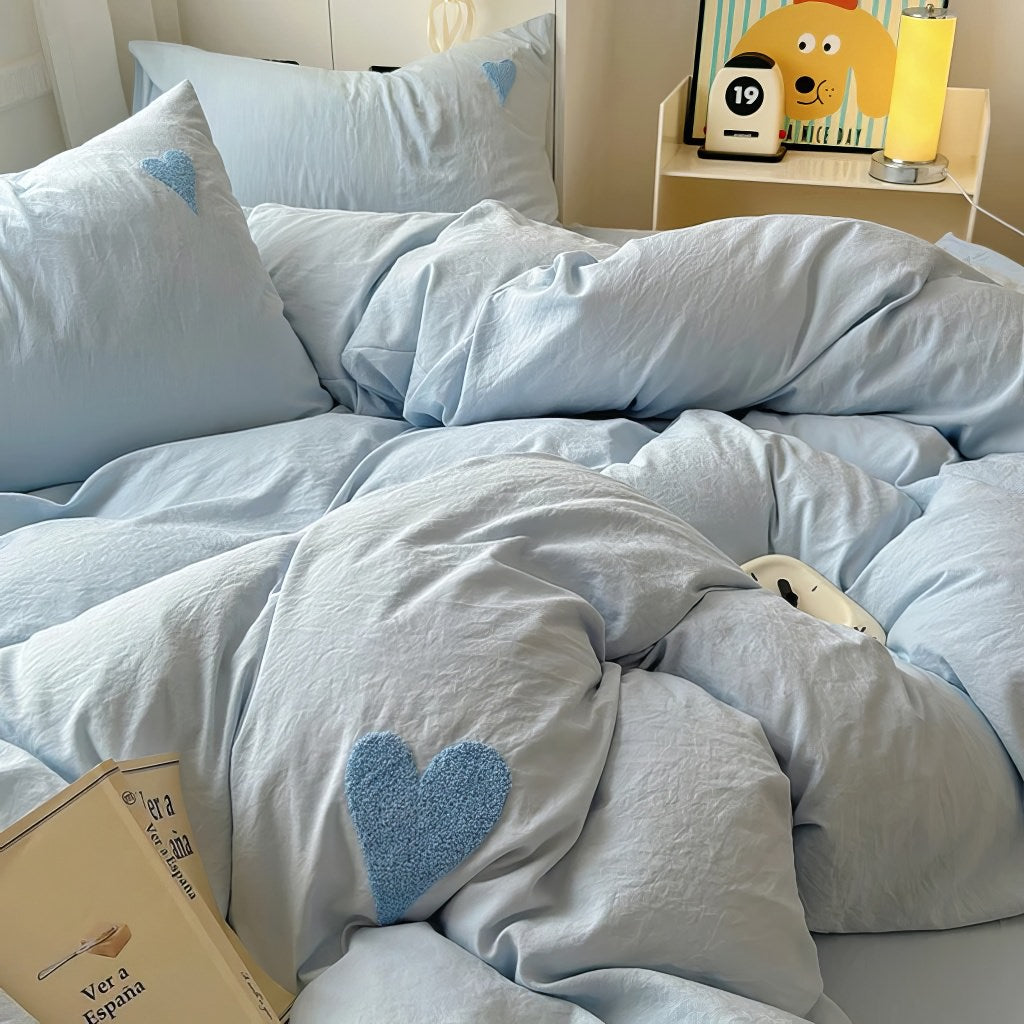 Blue Washed Cotton Bedding Set With Blue Embroidered Heart — Lifestyle 1