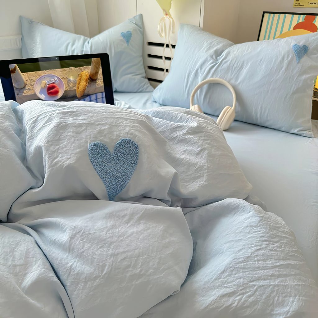 Blue Washed Cotton Bedding Set With Blue Embroidered Heart — Lifestyle 3