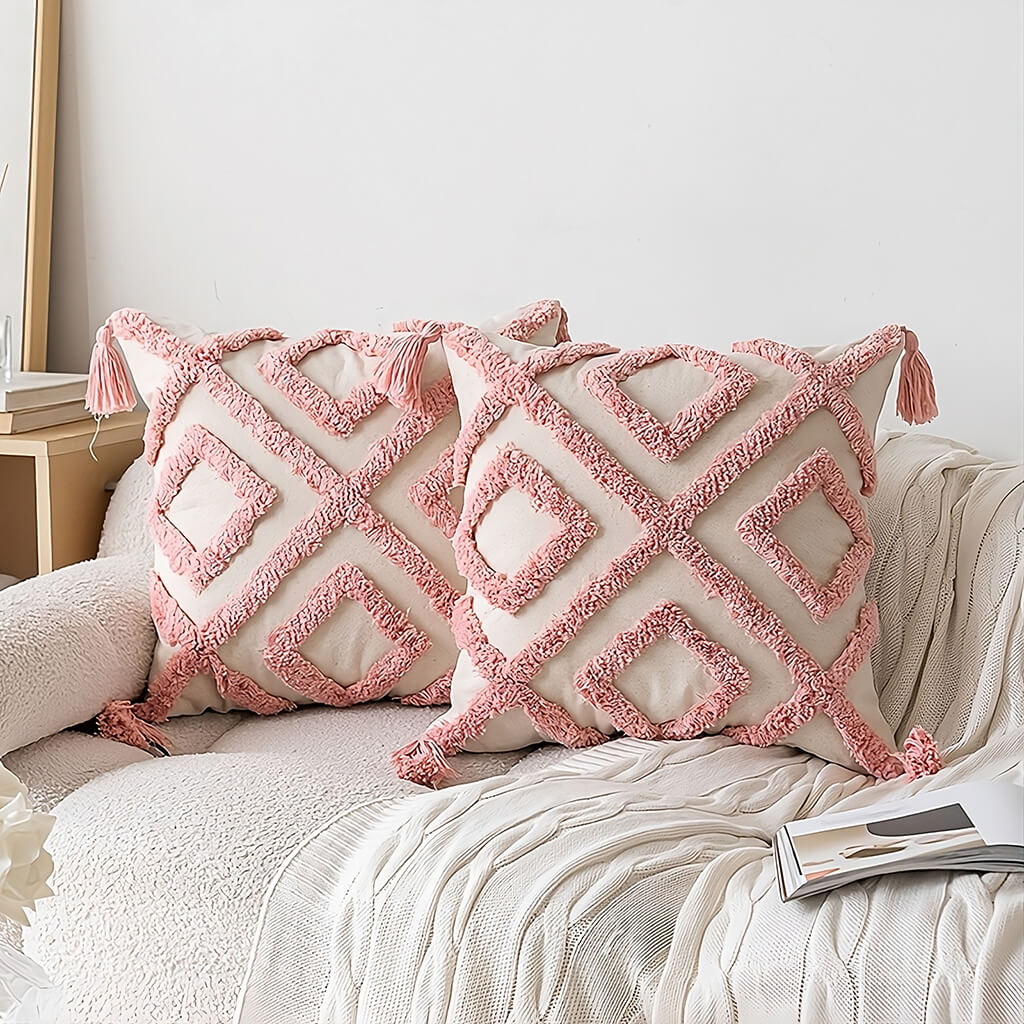 Blush Ornament Tufted Throw Pillow Cover — Soft Textured Pillow for Bedroom Layering — Detail
