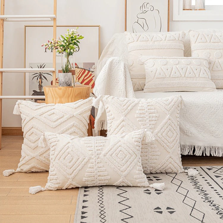 Boho Tufted Cushion Cover — Soft Textured Pillow for Bedroom Layering — Front view